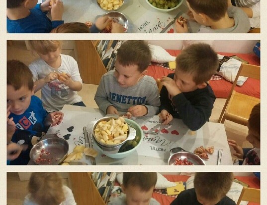 Ribice - projekt Jesen - izrada voćne salate, istraživanje okusa, mirisa i teksture različitog voća, rezanje i priprema salate, kušanje