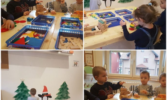 Leptirići - građevinski centar, gradnja garaže drvenim kockama, razvoj preciznosti, strpljivosti i koncentracije