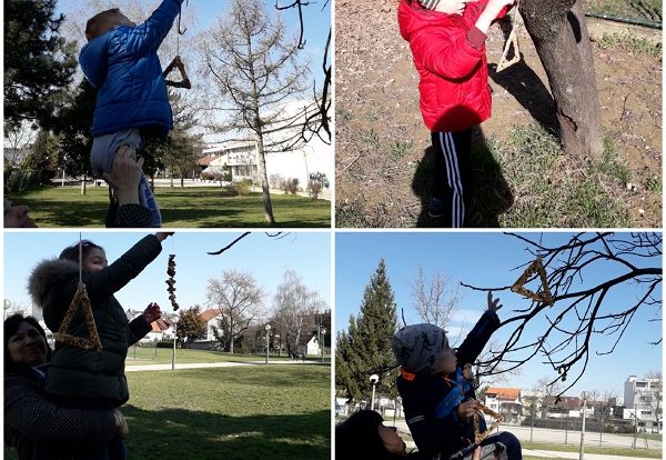 Ribice - izrada hranilica za ptice i postavljanje na drvo, upoznavanje s hranom za ptice, poticanje na brigu o životinjama, razvoj spoznaje