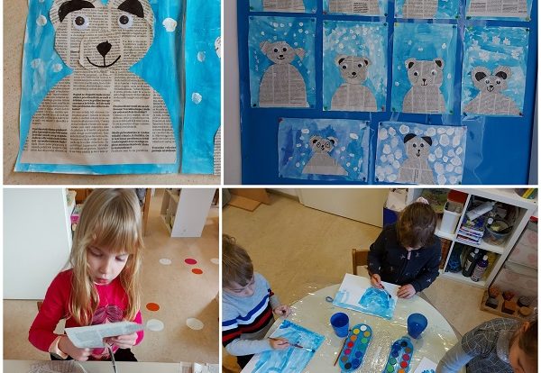 Ribice - likovna aktivnost na temu pjesmice Medo i zima, izrezivanje i lijepljenje novinskog papira, razvoj motorike šake i prstiju, kreativnosti