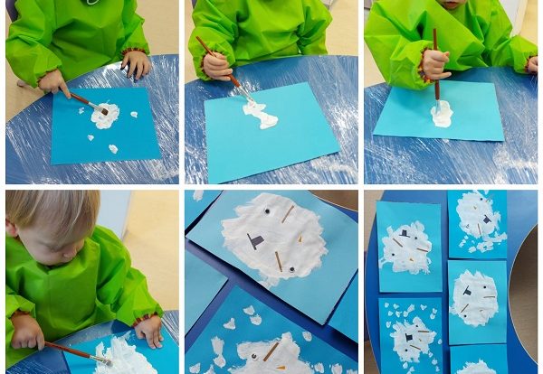 Žirafice - likovna aktivnost temperama. Slikanje otopljenog snjegovića; poticanje kreativnosti i mašte; manipuliranje kistom i bojom; imenovanje stvari pomoću kojih radimo snjegovića