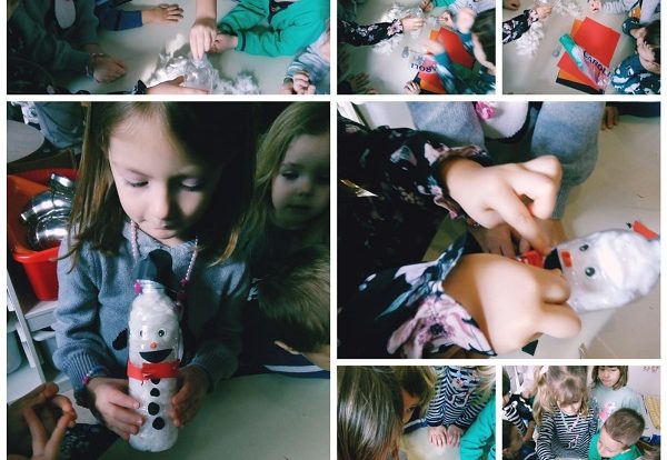 Leptirići engleski - making the snowman by using bottle, cotton and collage paper