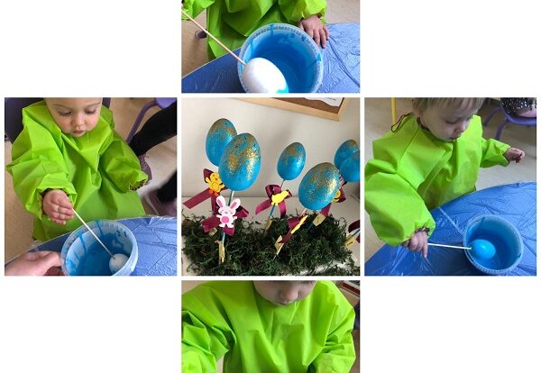 Žirafice - bojanje jaja akrilnim bojama te ukrašavanje povodom Uskrsa; istraživanje svojstva akrilne boje i poticanje na pažnju i preciznost