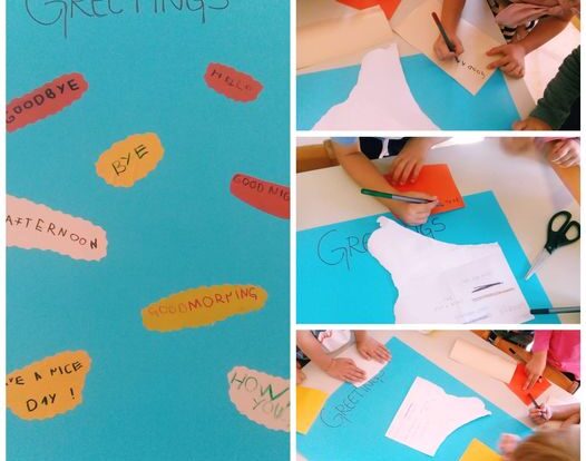 Ribice - greetings poster, writing different greeting words on selfadhesive paper and pasting it on poster