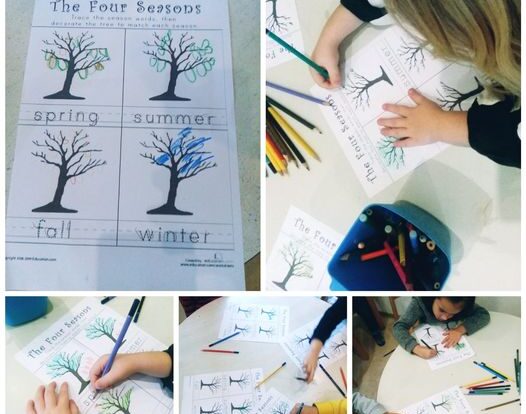 Leptirići engleski - four seasons worksheets, trace the words and decorate the tree to match the season