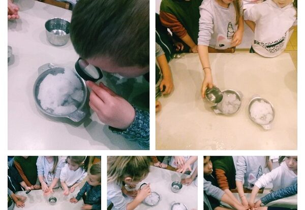 Ribice -research activities with snow; melting snow in hot and cold water; observing color desolving