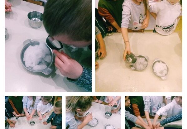 Ribice -research activities with snow; melting snow in hot and cold water; observing color desolving