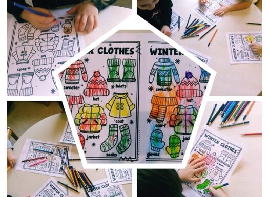 Engleski Leptirići - winter clothes coloring sheets, color the item and pronounce