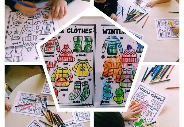 Engleski Leptirići - winter clothes coloring sheets, color the item and pronounce