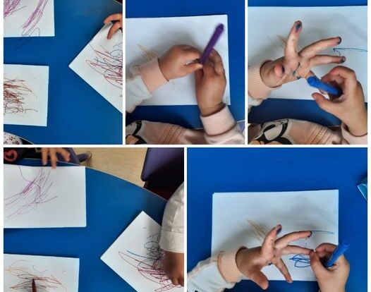 Lavići - šaranje flomasterima po papiru, poticanje na kreativno izražavanje različitim tehnikama vježbajući pri tome finu motoriku šake i prstiju držeći flomastere.
