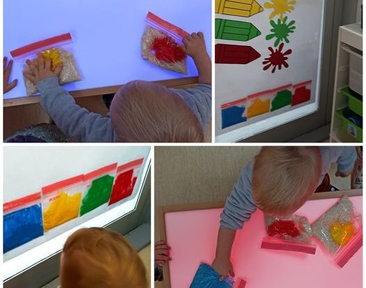 Lavići - istraživanje i učenje boja kroz plakat i senzorne vrećice s rižom i bojom. Razvoj taktilne percepcije, spoznaje i logičkog povezivanja