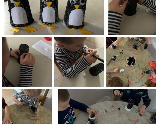 Leptirići engleski - We are learning song and dance about penguins. We are making penguins with paper cups and glue.