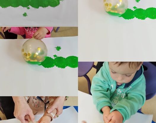 Lavići - zajednička likovna aktivnost- otisak gusjenice pomoću balona. Poticaj na razvoj koncentracije, pažnje i kreativnosti.