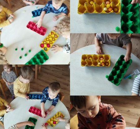 Zečići - nastavak rada na projektu Boje i oblici, razvrstavanje na temelju svojstva boje pomponova u odgovarajuće kutije.