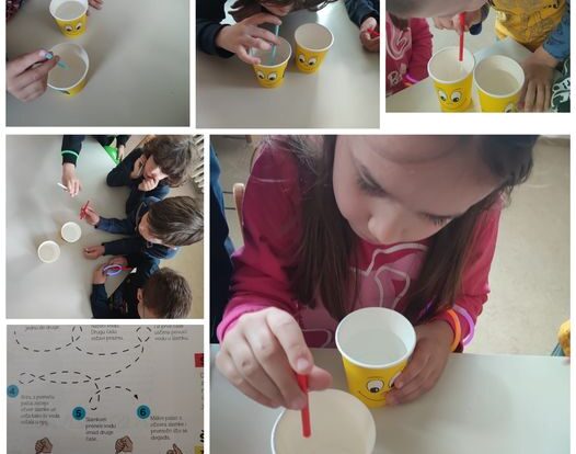 Ribice - experiment with water, moving water with a straw.