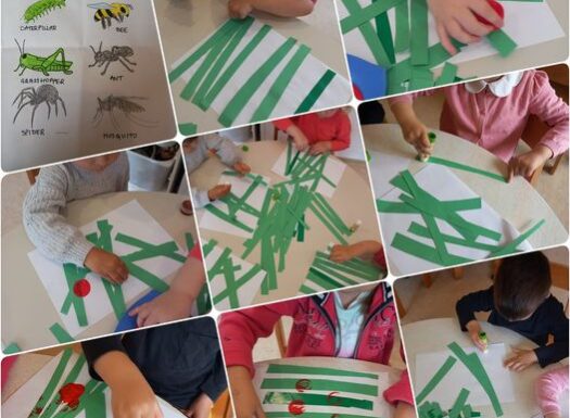 Leptirići engleski - we are learning bugs, making ladybugs in the grass.