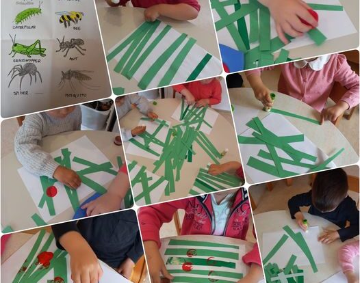 Leptirići engleski - we are learning bugs, making ladybugs in the grass.