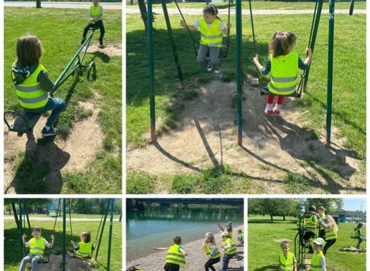 Ribice - Stretching and exercising outdoors, walking to Lake Jarun, and playing outdoor games.