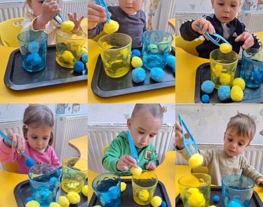 Žirafice - sortiranje žutih i plavih pompona u čaše s pincetom. Poticanje na vizualnu percepciju, finu motoriku šake.