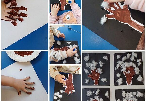 Lavići - izrada zimskog drveta, otiskivanje dlanova, ljepljenje vate. Razvoj fine motorike i kreativnosti.