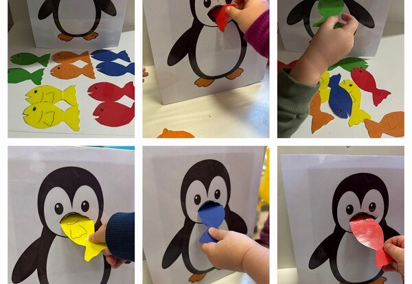 Žirafice - Gladni pingvin - usvajanje boja uz stolno - manupulativnu igru. Razvoj preciznosti i fine motorike