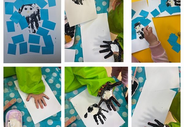 Žirafice - Likovna aktivnost na temu Pingvin. Otiskivanje dlanova, razvoj kreativnosti, motorike šake i prstiju