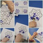 Lavići - bojanje pahuljica pomoću otiskivanja spužvice na pahuljice . Razvoj fine motorike i kreativnosti
