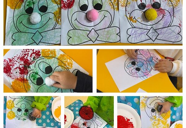 Žirafice - Klaun - otiskivanje žičanom spužvicom, bojanje pastelama. Poticanje na razvoj fine motorike, kreativnosti.