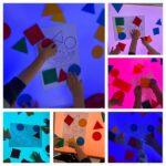 Žirafice - Upoznavanje i imenovanje geometrijskih oblika na svjetlećem stolu. Poticanje na istraživanje boja