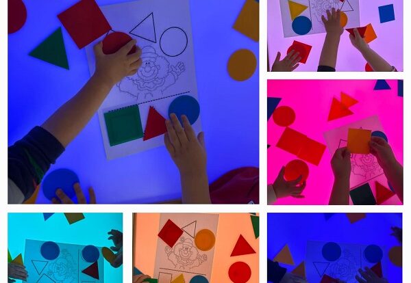 Žirafice - Upoznavanje i imenovanje geometrijskih oblika na svjetlećem stolu. Poticanje na istraživanje boja