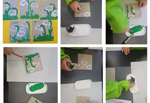 Žirafice - Visibaba - likovna aktivnost, obilježavanje prvog dana proljeća. Otiskivanje tuljkom, bojanje temperom, razvoj kreativnosti