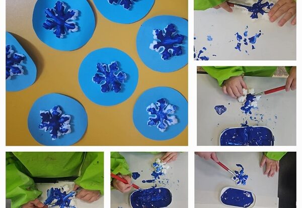 Žirafice - Završna aktivnost na temu Zima. Bojanje pahuljice temperom, razvoj fine motorike