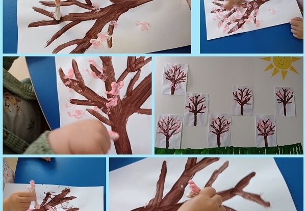 Lavići - likovna aktivnost - Proljetno drvo, otiskivanje boje pomoću štapića. Poticanje razvoj likovnog izražavanja i fine motorike