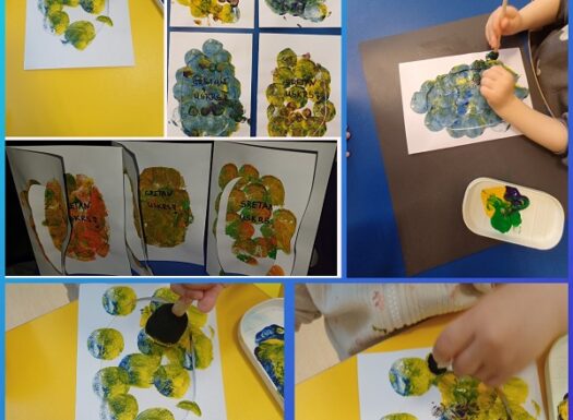 Lavići – izrada čestitki za Uskrs, umakanje spužvice u temperu, te tapkanje na predložak pisanice. Razvoj kreativnosti i fine motorike