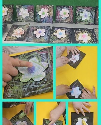 Žirafice- Cvijet- izrada cvijeta s kredom i hamerom. Razvoj likovnog senzibiliteta i taktilne percepcije