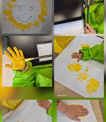 Žirafice- Svjetski Dan Sunca - otiskivanje ruke žutom temperom. Razvoj likovnog senzibiliteta